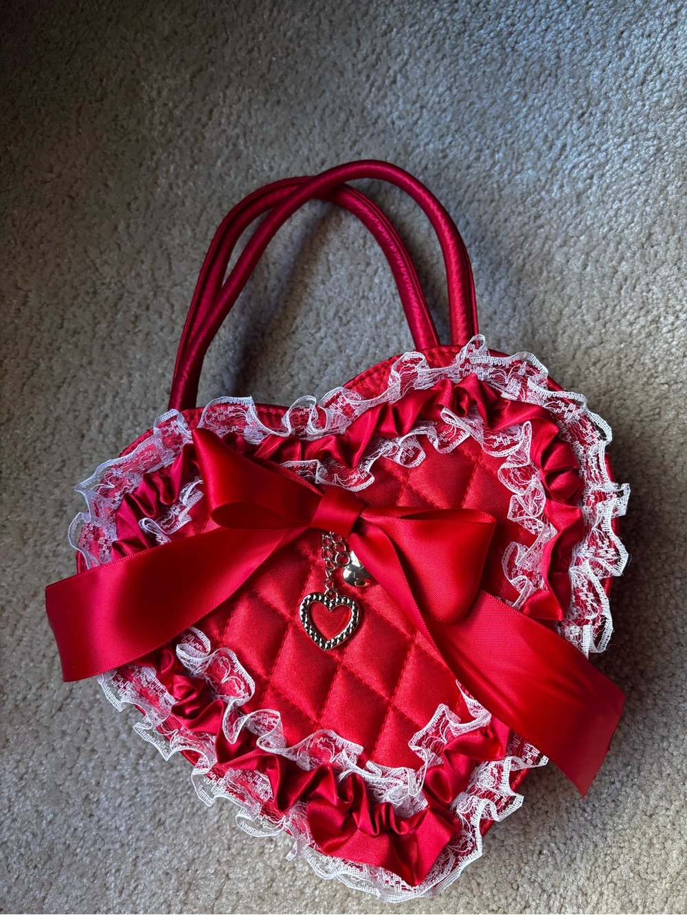 Red Heart-Shaped Ruffled Satchel with Bow